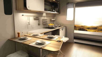 Fototapeta premium A compact and modern kitchen area in a tiny home or camper van, featuring a small table set for two and a window with a view of a grassy field.