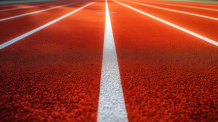 Close-up view background of red running track with white lanes at athletic facility. Generative AI