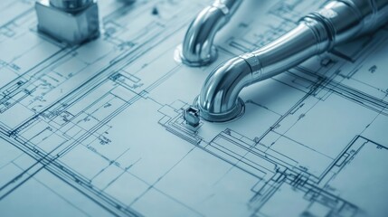 Shiny metal piping parts sit on top of a blueprint, showcasing an intricate network of lines.