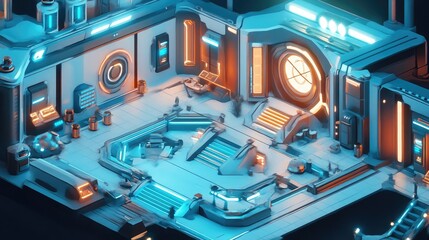 Obraz premium A futuristic interior with glowing blue and orange lights. The room has stairs, a large round window, and a futuristic design.