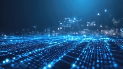 Obraz premium Abstract digital cityscape with glowing blue lines and dots, representing the interconnectedness of technology.