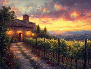 Naklejka premium Experience the beauty of an italian vineyard at sunset with rustic lanterns illuminating the grape vines