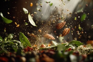 Fototapeta premium Close-up of Almonds, Herbs, and Spices Suspended in Air