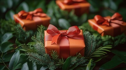 Festive orange gifts with red bows amidst greenery for a holiday celebration