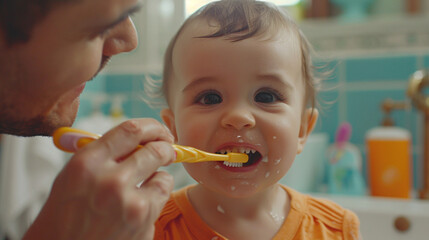 Caring parent assisting a toddler baby in brushing their teeth in the bathroom, promoting good oral hygiene habits. Parental care, dental hygiene, and bonding moments in a familiar dail