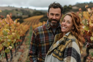 Fototapeta premium Portrait of a glad couple in their 30s dressed in a comfy fleece pullover while standing against backdrop of rolling vineyards