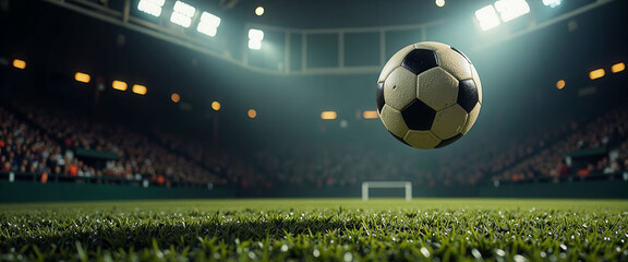 Naklejka premium A soccer ball is in the air on a field. The image has a mood of excitement and anticipation, as the ball is about to be kicked or passed to another player