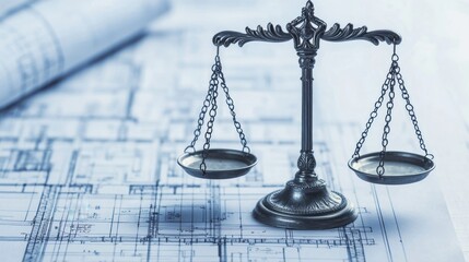 A detailed image of a legal scale positioned over architectural blueprints, symbolizing justice and the intersection of law and design.