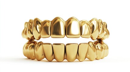 Shiny gold teeth grill isolated on a white background.