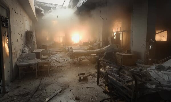 A hospital room in the aftermath of a fire, with smoke and debris covering the floor and hospital beds.