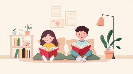 Happy children relax read book at home. Child and reading a story. learn development, childcare, laughing, education, storytelling, practice, reduce addiction mobile phone, love book