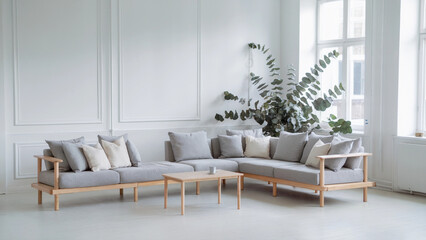 Scandinavian Living Room with Light Gray Sofa and Wooden Frame