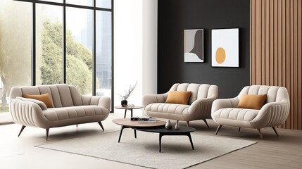 Fototapeta premium Modern living room interior with beige sofas and wooden coffee table, large windows, abstract wall art, and minimalistic decor elements creating a stylish and cozy atmosphere.