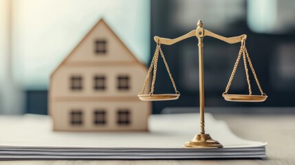 A golden scale balances in front of a miniature house, symbolizing justice in real estate and the law.