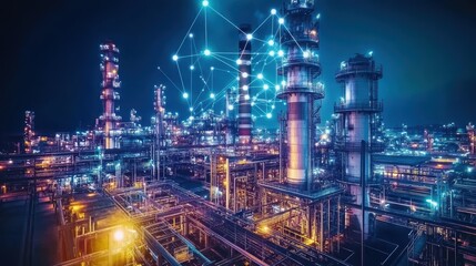 Fototapeta premium Modern factory, communication network. Telecommunication. IoT, Internet of Things, ICT, Information communication Technology,. Smart factory. Digital transformation, cloud connecting, generate by AI