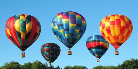 Obraz premium Five colorful hot air balloons flying in a clear blue sky.