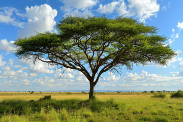 Fototapeta premium Majestic Acacia Tree in African Savannah Under Blue Sky with Fluffy Clouds on a Sunny Day