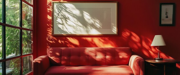 Red Sofa and Framed Picture in a Sunlit Room