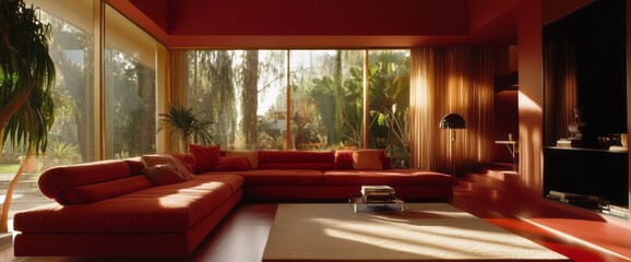 Red Sectional Sofa In A Modern Living Room With Large Windows