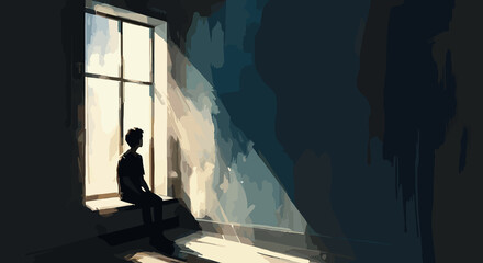 Silhouette of a boy alone in a derelict orphanage, sitting by the window, longing for acceptance, feeling forgotten, deep sorrow, hard life lived unloved