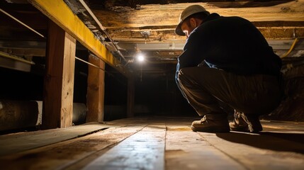 A man in a hard hat inspects the wooden beams of a dark basement. He's crouched down, using a flashlight to illuminate the area, providing a sense of mystery.