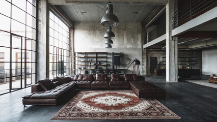 Industrial Loft with Large Leather Sectional Sofa and Vintage Rug