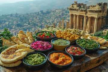 Savor a delicious lebanese mezze platter with fresh pita bread and flavorful dips