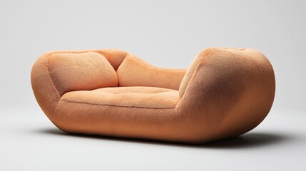 Modern, curved orange sofa with a soft, textured surface and unique cushioned design on a neutral background