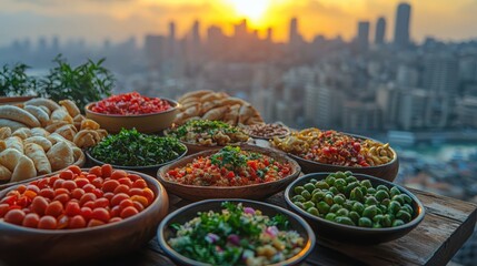 Obraz premium Savor lebanese mezze platter against the stunning beirut skyline at sunset