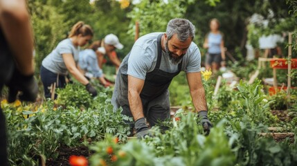 Man gardening in a lush community vegetable garden.