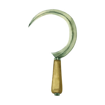 Sickle, a hand-held agricultural tool, for harvesting, ears of wheat. All objects are hand-drawn with watercolors. Suitable for printing on fabric, paper, for scrapbooking and product packaging design