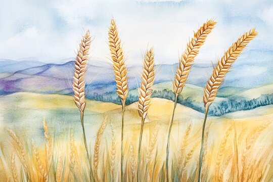 A watercolor artwork depicting golden wheat stalks against a backdrop of rolling hills and a soft blue sky.