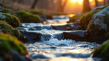 Fototapeta premium Small stream, rocky terrain, moss-covered rocks, setting sun, clear water