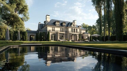 Obraz premium A grand, French-style mansion with a reflecting pool in the front yard. The home has a classic facade and a lush green lawn.