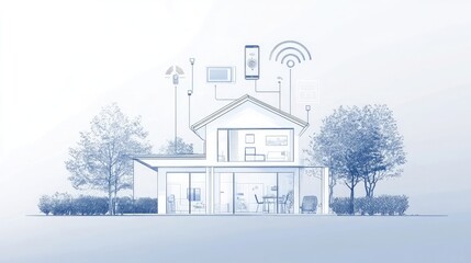 A blueprint style illustration of a modern home connected to the internet. The home has several devices connected to a network, including lights, security cameras, a smart TV, and a smart phone.