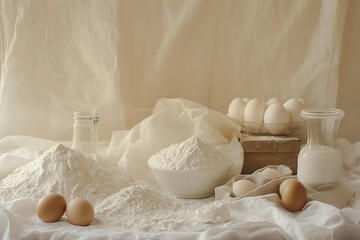 A background featuring flour, sugar, and eggs, arranged to create a cozy baking atmosphere.
