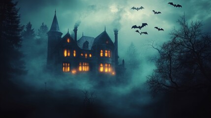 Haunting castle with glowing windows and bats in the night.