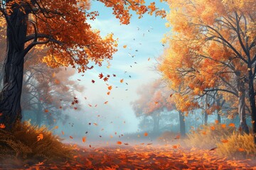 Captivating autumn scene featuring colorful foliage, falling leaves, and misty atmosphere in a serene forest setting.