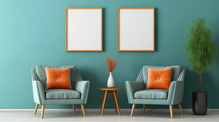 Teal Wall Living Room Interior with Two Armchairs and Mockup Frames