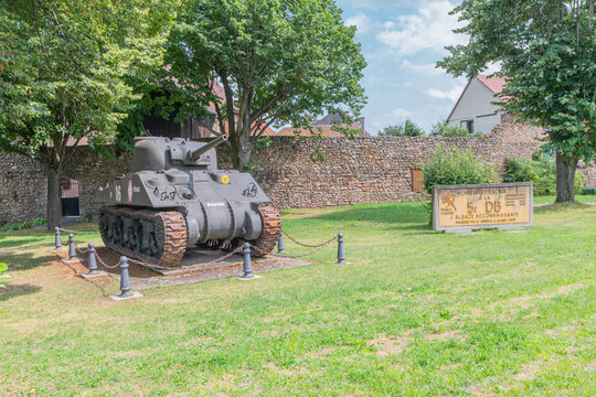 Kaysersberg, France - 03 aout 2024 : Char M4A4 Sherman Renard de la 5&egrave;me DB, monument historique de la seconde guerre mondiale.