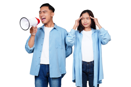 Asian man and woman with megaphone isolated transparent