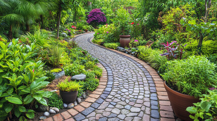 Fototapeta premium Piękna ścieżka ogrodowa z brukowanym chodnikiem, otoczona bujną roślinnością i kwiatami w donicach. 