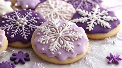 Fototapeta premium Festive Winter Cookies Decorated with Snowflakes and Purple Icing