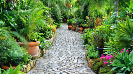Piękna ścieżka ogrodowa z brukowanym chodnikiem, otoczona bujną roślinnością i kwiatami w donicach. 