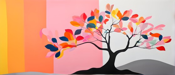 Abstract minimalist spring scene with a single, sharp silhouette of a blooming tree on a vast light grey canvas, with subtle color gradients hinting at spring freshness