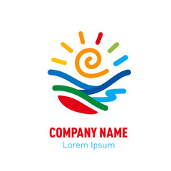  Sea sun Wave logo design isolated on white background. Sea food Restaurant logo line art minimal logo