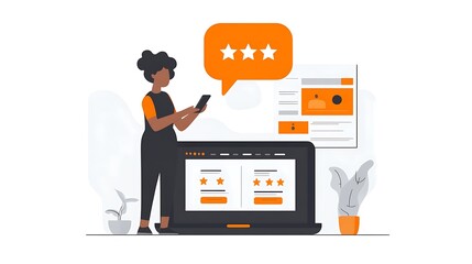 A person holding their phone with an orange five star review