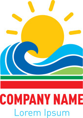  Sea sun Wave logo design isolated on white background. Sea food Restaurant logo line art minimal logo