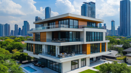 Współczesny budynek mieszkalny z dużymi oknami i licznymi balkonami, wkomponowany w tętniący życiem krajobraz nowoczesnych wieżowców.