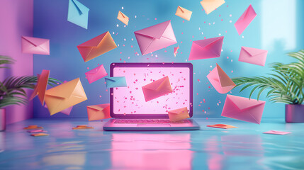 Modern marketing and newsletter development on laptop, concept background. Generative AI